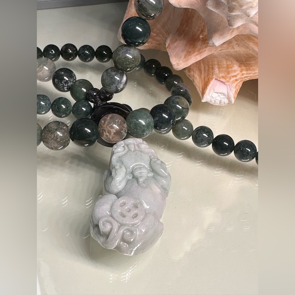 MOSS AGATE + ONYX + PIXIU JADE STONES NATURAL NECKLACE - Picture 4 of 14
